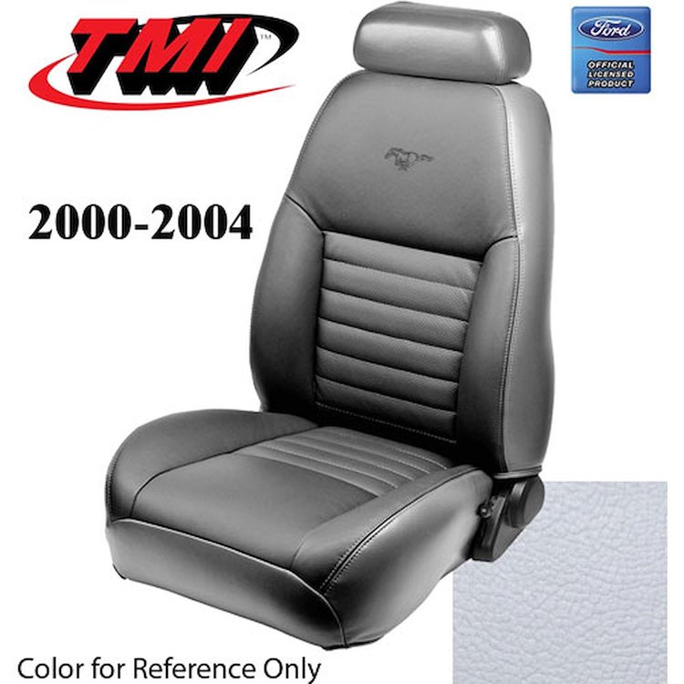 43-76300-965-PONY 2000-04 MUSTANG GT FRONT BUCKET SEAT OXFORD WHITE VINYL UPHOLSTERY W/PONY LOGO SMALL HEADREST COVERS INCLUDED