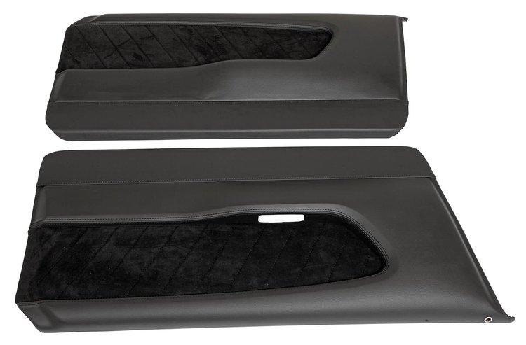 11-70000-6525-99-BKS 1964 1/2-66 MUSTANG COUPE CONVERTIBLE FASTBACK SPORT R DOOR PANEL. BLACK VINYL BLACKE SUEDE BLACK STITCHING