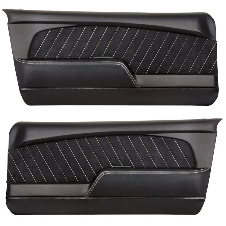 11-70001-6525-99-WS 1967-1968 MUSTANG COUPE CONVERTIBLE FASTBACK SPORT R DOOR PANEL. BLACK VINYL BLACKE SUEDE WHITE STITCHING