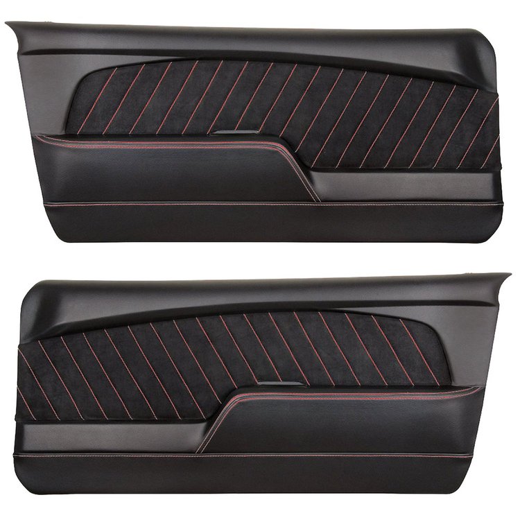11-70001-6525-99-RS 1967-1968 MUSTANG COUPE CONVERTIBLE FASTBACK SPORT R DOOR PANEL. BLACK VINYL BLACKE SUEDE RED STITCHING