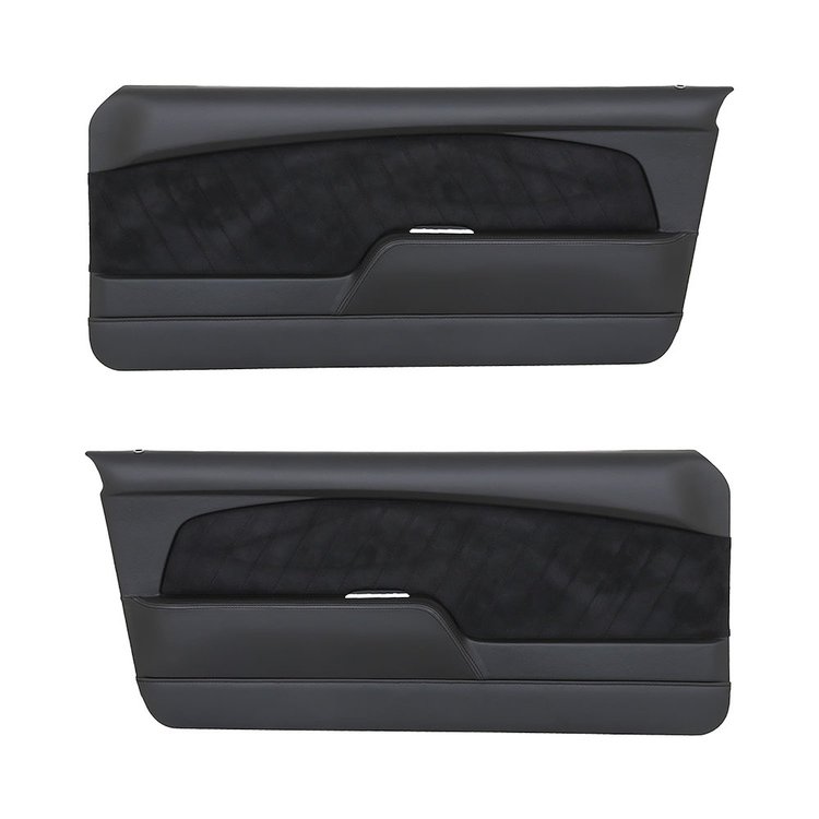 11-70001-6525-99-BKS 1967-1968 MUSTANG COUPE CONVERTIBLE FASTBACK SPORT R DOOR PANEL. BLACK VINYL BLACKE SUEDE BLACK STITCHING