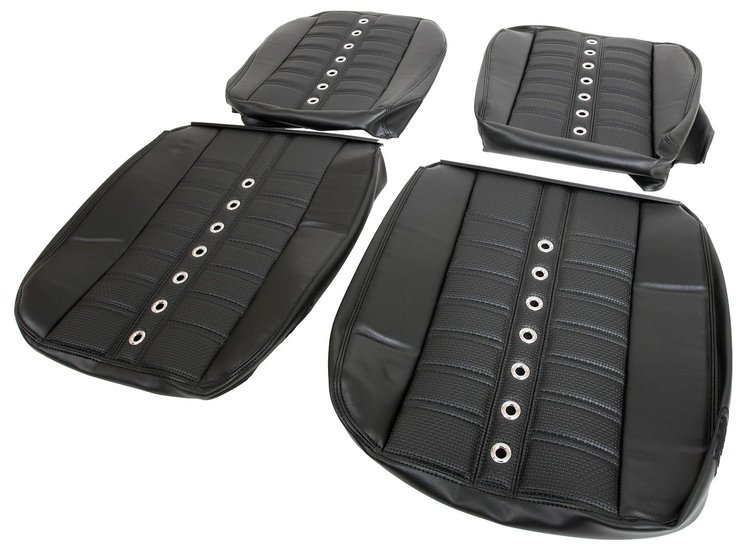 46-1122-11-01-BKS-SGBK 1956-57 BUG SEDAN FULL SET SPORT X UPHOLSTERY BLACK W/BLACK BASKETWEAVE BLACK STITCH W/STEEL GROMMETS