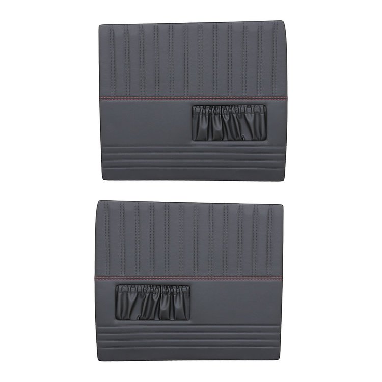 11-83000-6525-RS Front Flat Door Panels, 1947-1955 Chevy/GMC Truck Standard cab, Charcoal Black Verona Vinyl W/Red Stitch