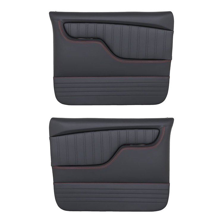 11-83003-6525-RS Front Molded Door Panels, 1967-1972 Chevy/GMC Truck/Blazer/Jimmy, Charcoal Black Verona Vinyl W/Red Stitch