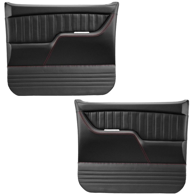 11-83007-6525-RS Front Molded Door Panels, 1973-1980 Chevy/GMC Truck/Blazer/Jimmy, Charcoal Black Verona Vinyl W/Red Stitch