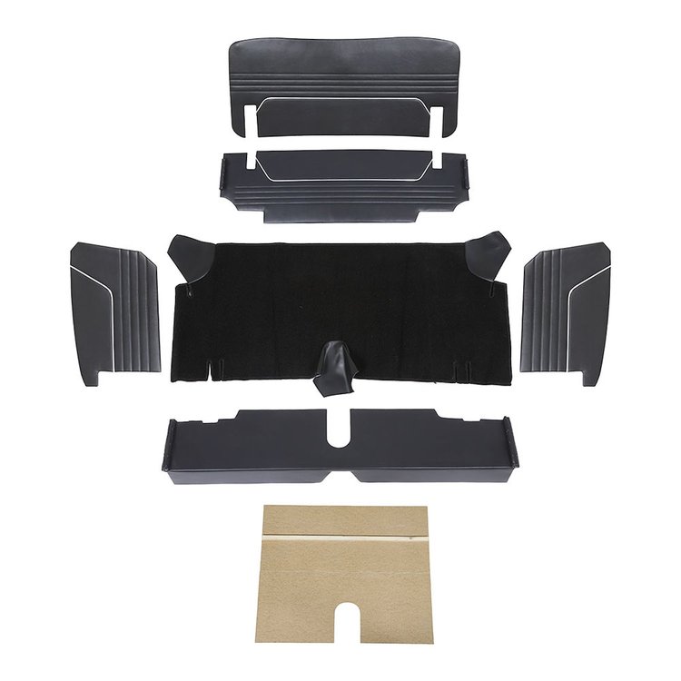 34-T7000-958-301 6 PC Trunk Kit, Sport II Pattern 1964-1966 Ford Mustang, Black Sierra Vinyl, Black Loop Carpet