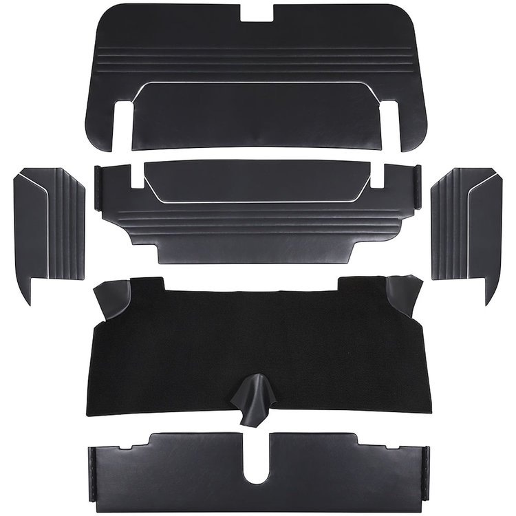 34-T7002-958-301 6 PC  Trunk Kit, Sport II Pattern  1967-1968 Ford Mustang, Black Sierra Vinyl, Black Loop Carpet