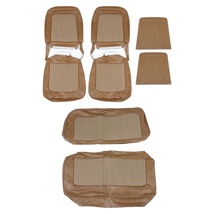43-7418-4061-0143 Front & Rear Seat Upholstery, 1968-1977 Ford Bronco, Ginger Corinthian Vinyl, Brown & Tan Houndstooth Cloth