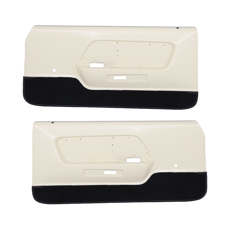 10-70100-4062-501 Door Panels, Front Only 1970 Ford Mustang, Cream White Corinthian Vinyl, Black Raylon Loop Carpet