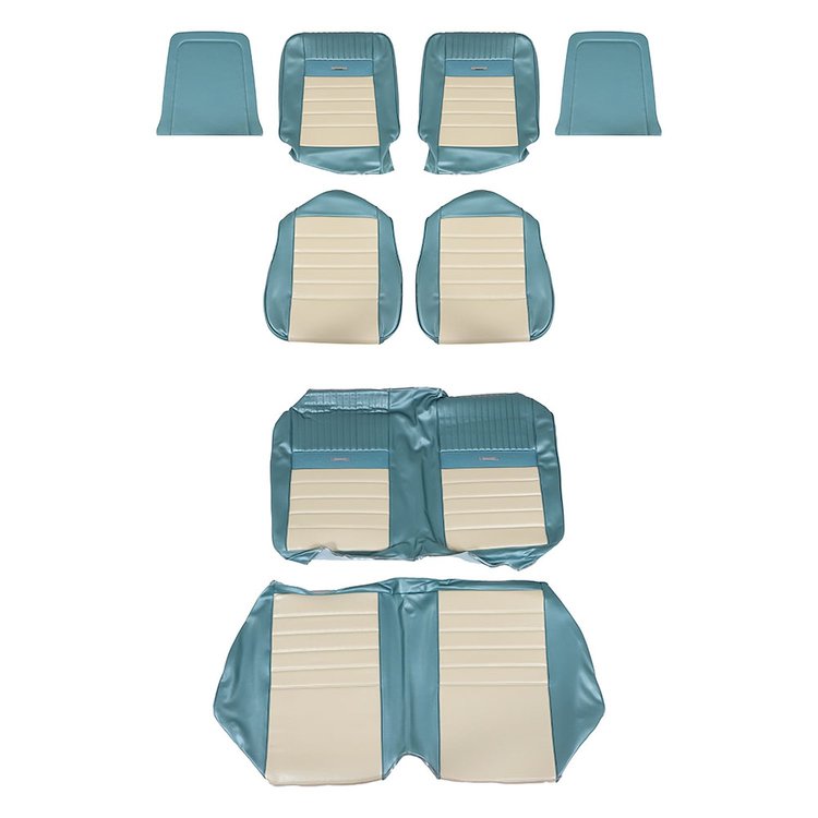 43-70125-2929-2290 Front & Rear Seat Upholstery, 1969 Ford Mustang, Lt. Turquoise Sierra Vinyl, White Sierra Vinyl