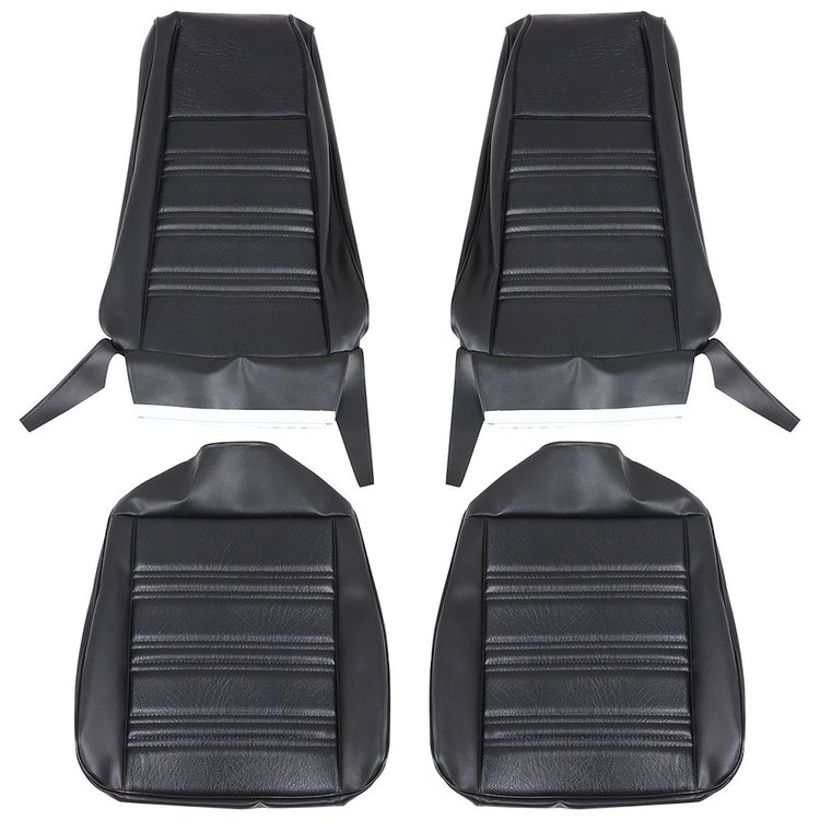 43-70200-3722-3400 Front Seat Upholstery, OE Pattern 1970 Ford Mustang, Black Corinthian Vinyl, Black Ruffino Vinyl