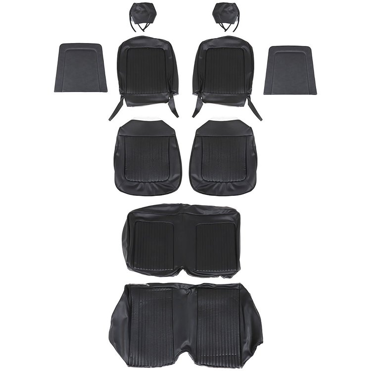 43-70229-3722-3437 Front & Rear Seat Upholstery, OE Pattern 1968 Ford Mustang, Black Corinthian Vinyl, Black Kiwi Vinyl