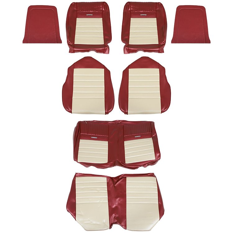 43-71125-2920-2290 Front & Rear Seat Upholstery, 1969 Ford Mustang, Dk. Red Sierra Vinyl, White Sierra Vinyl