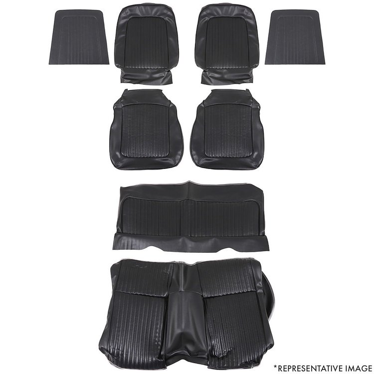 43-72229-3722-3437 Front & Rear Seat Upholstery, OE Pattern  1968 Ford Mustang, Black Corinthian Vinyl, Black Kiwi Vinyl