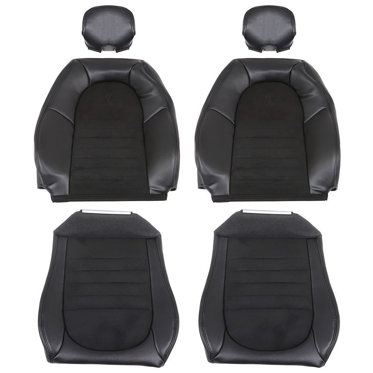 43-76501-6042-99-A Front Seat Upholstery, OE Pattern 2001 Ford Mustang Cobra, Ebony Vinyl, Black Unisuede W/Cobra Logo