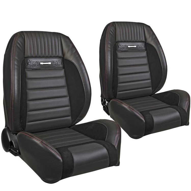 47-7061-6525-99-RS Pro-Low Back Bucket Seats, 1964-1966 Ford Mustang, Charcoal Black Verona Vinyl, Black Unisuede W/Red Stitch