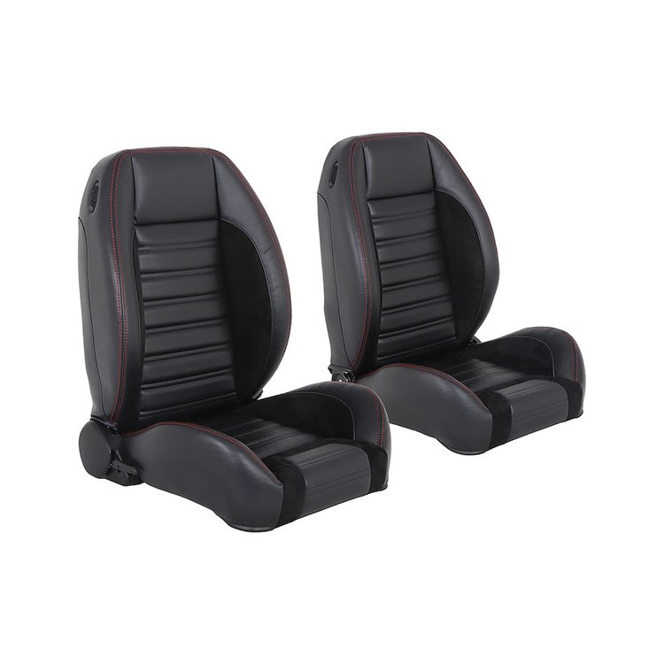 47-9200-2295-99-RS Pro-Low Back Bucket Seats, Sport-R Pattern Black Madrid Vinyl, Black Unisuede W/Red Stitch