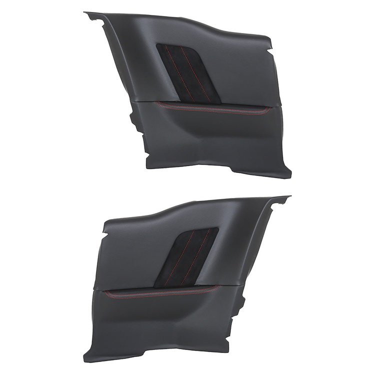 11-70016-6525-99-RS Rear Molded Quarter Panels, 1964-1968 Ford Mustang, Charcoal Black Verona Vinyl, Black Unisuede W/Red Stitch