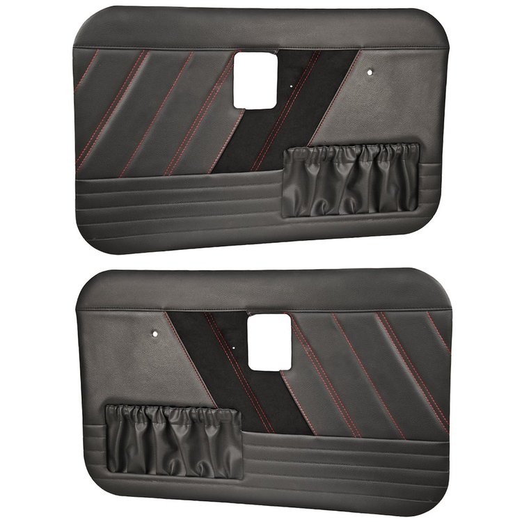 11-71004-6525-99-RS Front Flat Door Panels, 1968-1972 Ford Truck, Charcoal Black Verona Vinyl, Black Unisuede W/Red Stitch