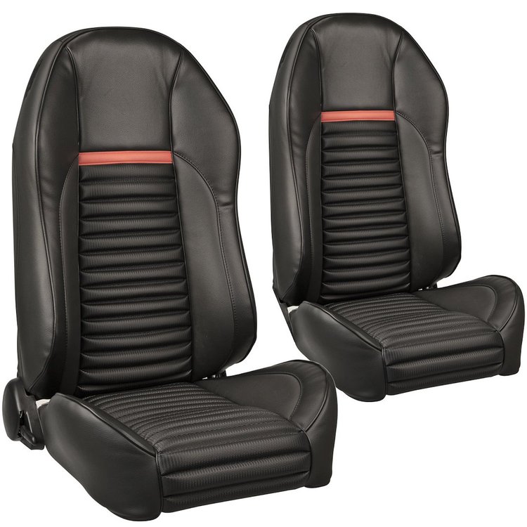 47-7120-3722-801-63 Pro-High Back Bucket Seats, Mach 1 Style Pattern 1969-1970 Ford Mustang, Black Cut Pile Carpet W/Red Stripe