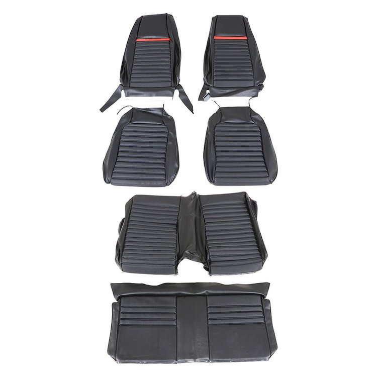 43-72029-3722-801-63 Front and Rear Seat Upholstery, Mach 1 Pattern 1969 Ford Mustang, Black Comfortweave Vinyl W/Red Stitch St