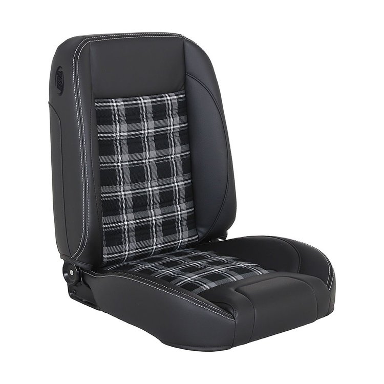 47-9700-6525-3412-WS Pro-Classic Bucket Seats, Universal, Charcoal Black Verona Vinyl, Gray & Black Plaid Cloth W/White Stitch