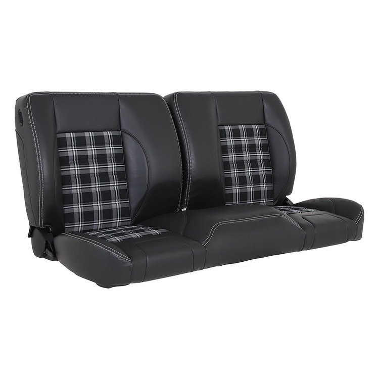 47-9701-6525-3412-WS 60" Split Back Bench Seat, Universal, Charcoal Black Verona Vinyl, Gray & Black Plaid Cloth W/White Stitch