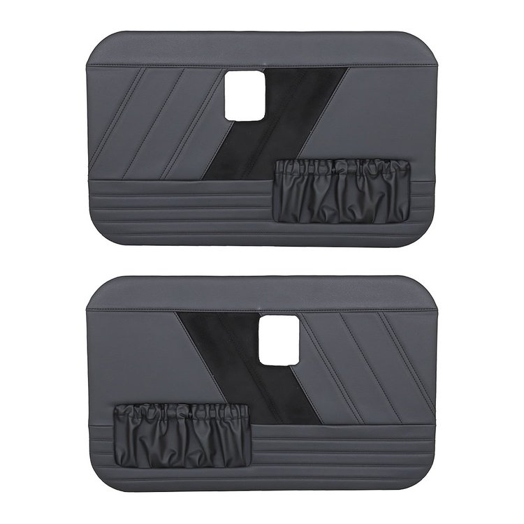 11-71004-6525-99-BKS Front Flat Door Panels, 1968-1972 Ford Truck, Charcoal Black Verona Vinyl, Black Unisuede W/Black Stitch