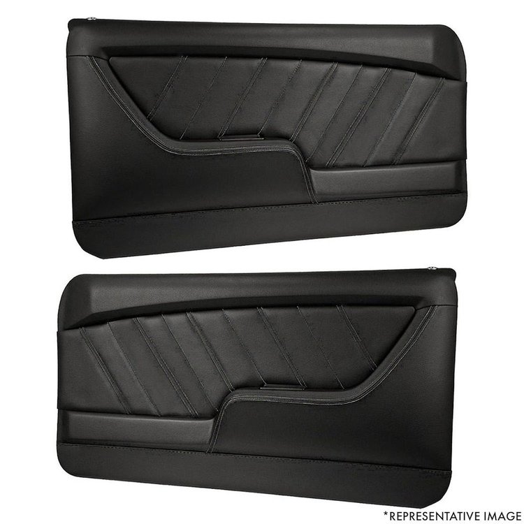 11-80051-2295-99-BKS Front Molded Door Panels, 1968 Chevy Camaro Coupe, Black Madrid Vinyl, Black Unisuede W/Black Stitch