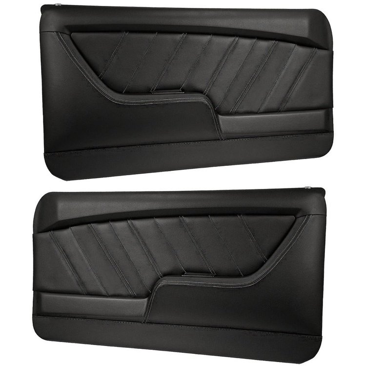 11-80052-2295-99-BKS Front Molded Door Panels, 1969 Chevy Camaro Coupe, Black Madrid Vinyl, Black Unisuede W/Black Stitch