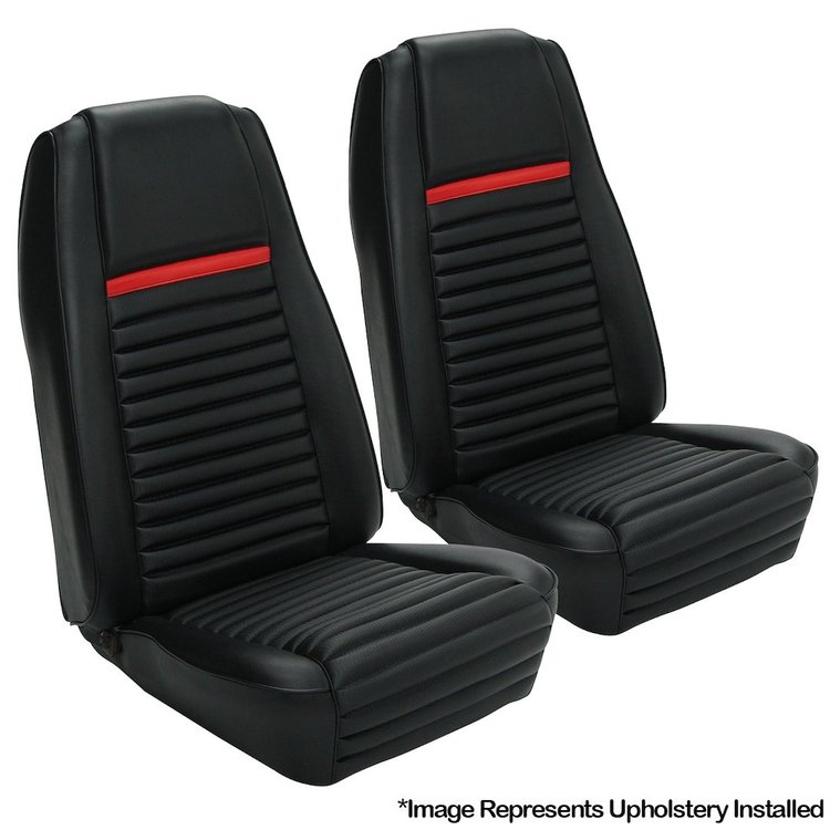 43-70009-3722-801-63 Front High Back Seat Upholstery, Mach 1 Pattern 1965-73 Ford Mustang, Black Cut Pile Carpet W/Red Stripe