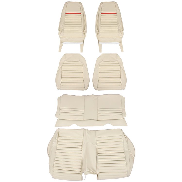 43-72029-4062-802-63 Front & Rear Seat Upholstery, Mach 1 Pattern 1970 Ford Mustang, Light Blue Cut Pile Carpet W/Red Stripe