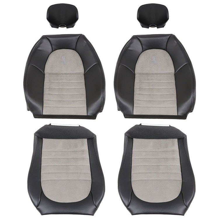 43-76501-6042-7042-A Front Seat Upholstery, 2001 Ford Mustang Cobra, Ebony, Charcoal Vinyl, Med. Graphite Unisuede W/Cobra Logo