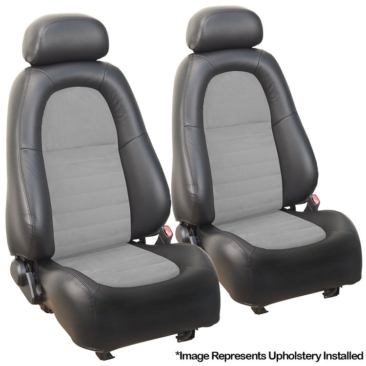 43-76503-6042-7042-A Front Seat Upholstery, 2003-2004 Ford Mustang Cobra, Ebony. Charcoal Vinyl/Graphite Unisuede W/Cobra Logo
