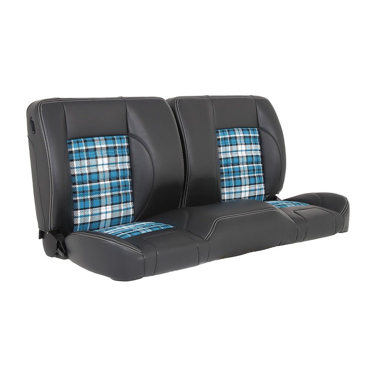 47-9701-6525-3415-WS 60" Split Back Bench Seat, Sport Pattern Charcoal Black Verona Vinyl, Blue Plaid Cloth W/White Stitch