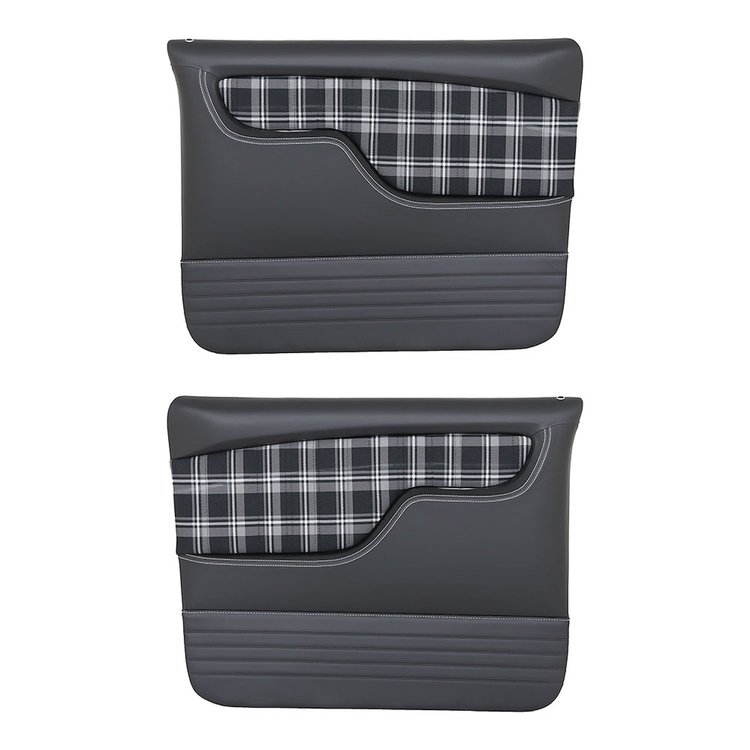 11-83003-6525-3412-WS Front Molded Door Panels, 1967-1972 Chevy/GMC Truck/Blazer/Jimmy, Gray/Black Plaid Cloth W/White Stitch