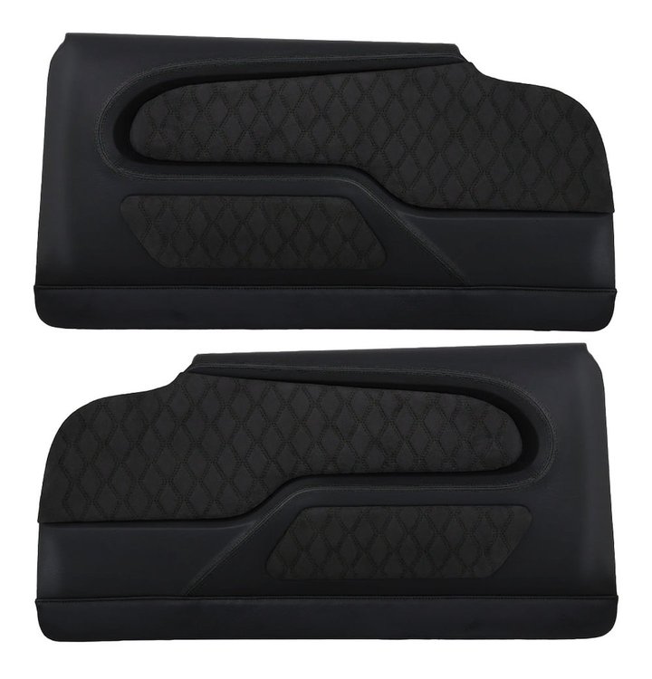 11-83811-6525-99-BKS Front Molded Door Panels, 1959 Chevy Impala Hardtop, Black Unisuede W/Black Stitch