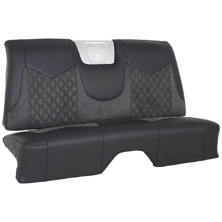 46-83855-2295-99-BKS Rear Seat Upholstery, 1959 Chevy Impala, Black Madrid Vinyl, Black Unisuede W/Black Stitch