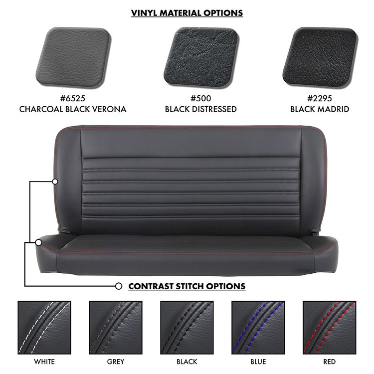 47-9952-6525-RS 60" Solid Back Bench Seat, Sport-Long Pattern Charcoal Black Verona Vinyl W/Red Stitch