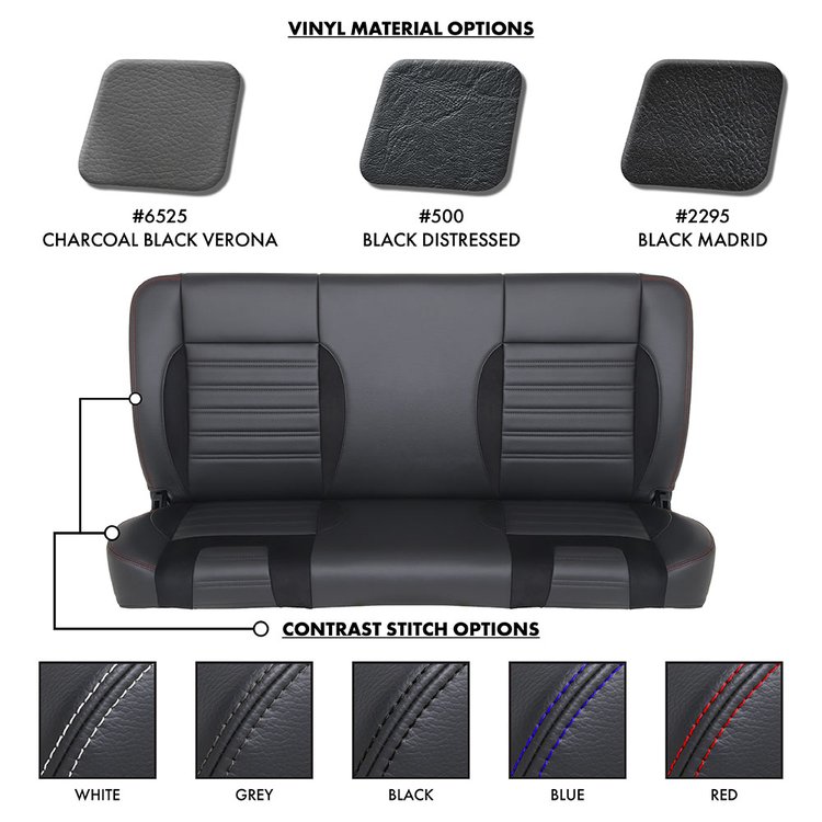 47-9958-2295-99-BKS 60" Solid Back Bench Seat, Sport-R Pattern  Black Madrid Vinyl, Black Unisuede W/Black Stitch