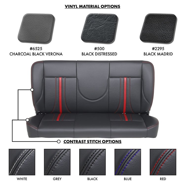 47-9999-6525-RS-S3 55" Solid Back Bench Seat, Sport-AR2 Pattern Charcoal Black Verona Vinyl W/Red Stitch/Red Stripe