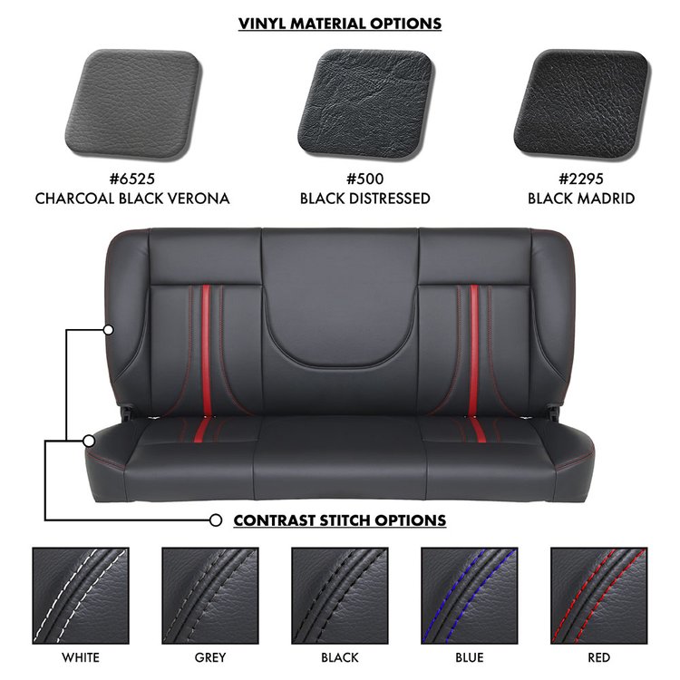 47-9969-6525-RS-S3 60" Solid Back Bench Seat, Sport-AR2 Pattern  Charcoal Black Verona Vinyl W/Red Stitch/Red Stripe