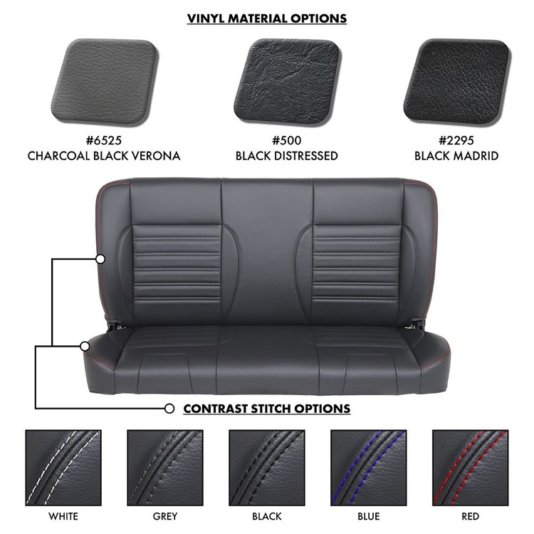 47-9922-500-WS 55" Solid Back Bench Seat, Sport Pattern Black Distressed Vinyl W/White Stitch