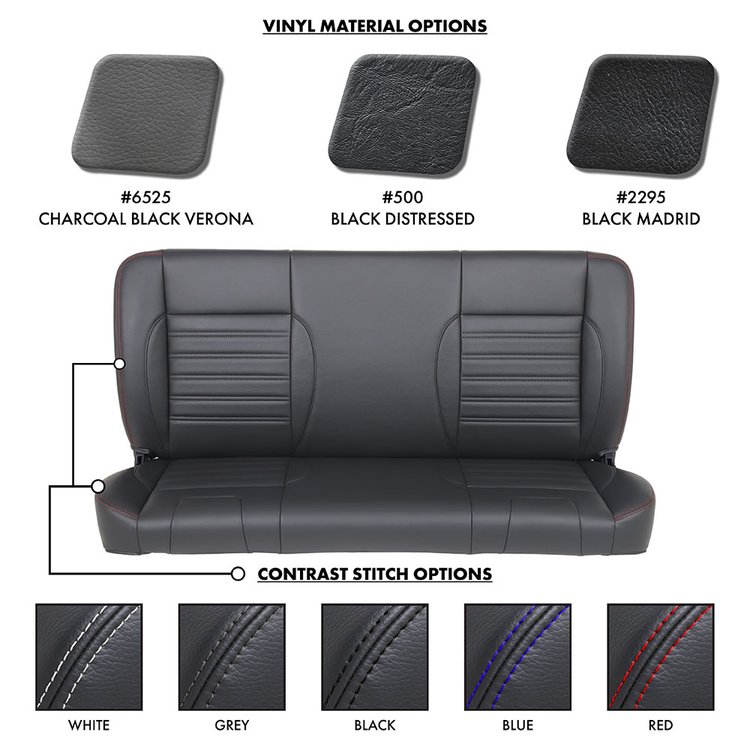 47-9932-500-RS 60" Solid Back Bench Seat, Sport Pattern Black Distressed Vinyl W/Red Stitch