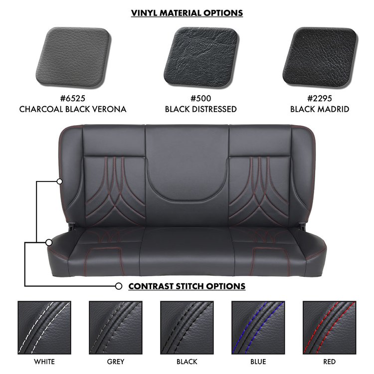 47-9964-500-BS 60" Solid Back Bench Seat, Sport-AR Pattern  Black Distressed Vinyl W/Blue Stitch