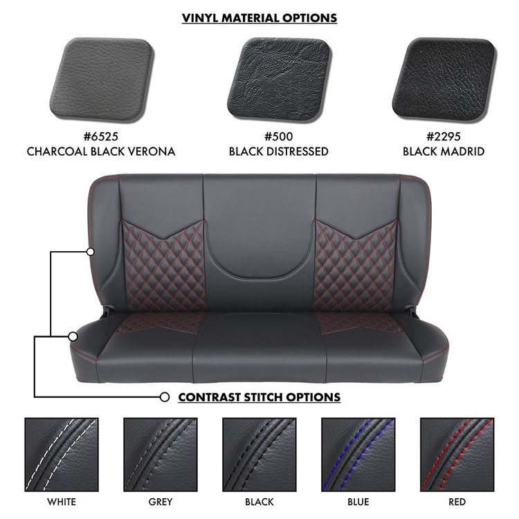 47-9966-6525-WS 60" Solid Back Bench Seat, Sport-DD Pattern Charcoal Black Verona Vinyl W/White Stitch