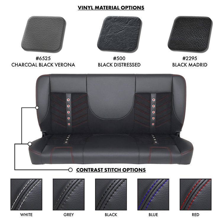 47-9978-2295-99-BS-BRGB 60" Solid Back Bench Seat, Sport-VXR Black Madrid Vinyl, Black Unisuede W/Blue Stitch/Blue Background