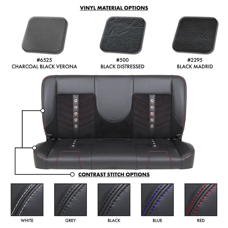 47-9996-500-99-WS-BRGW 55" Solid Back Bench Seat, Black Distressed Vinyl, Black Unisuede W/White Stitch/White Background