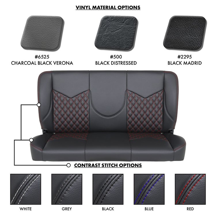 47-9997-500-RS 55" Solid Back Bench Seat, Sport-DD Pattern Black Distressed Vinyl W/Red Stitch