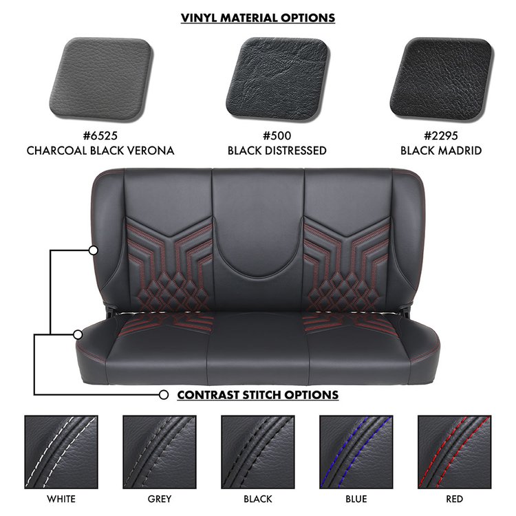 47-9998-500-WS 55" Solid Back Bench Seat, Sport-DDL Pattern Black Distressed Vinyl W/White Stitch